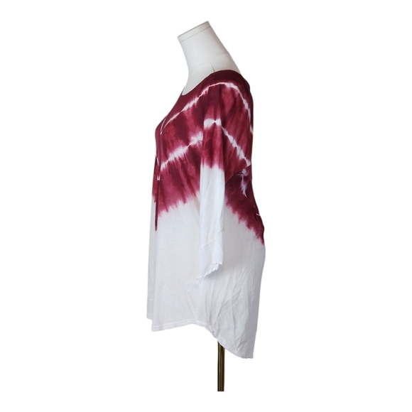 XCVI Tie-Dye Tunic Shirt Burgundy White Boho 3/4 Sleeve Rayon Viscose Top S - Picture 2 of 9
